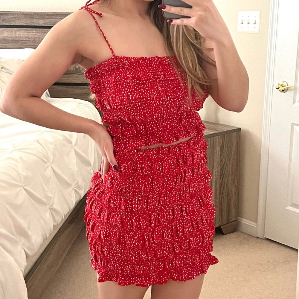 NEW STORIA Red Polka Dot Ruffle Two-Piece Set Small Top and Skirt